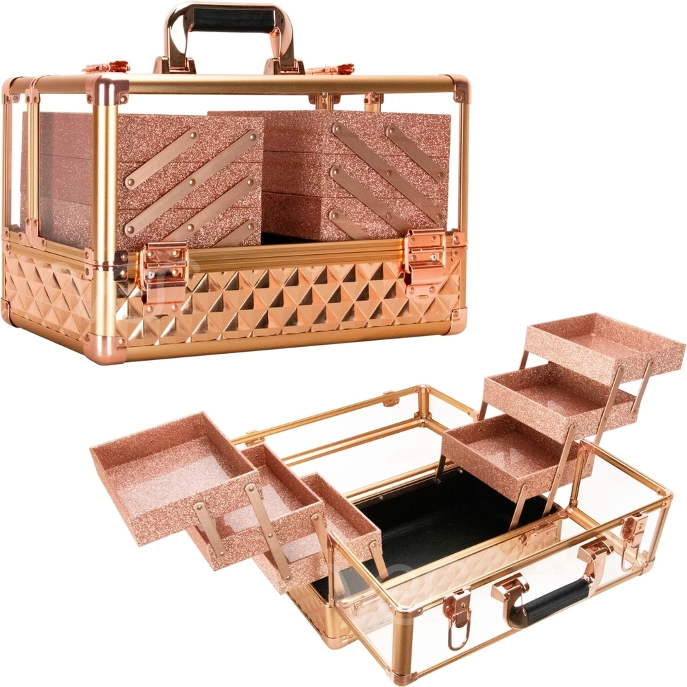 Accordion Style Makeup Case for professional makeup artists Rose Gold Acrylic wi